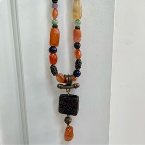 Chicos Vintage Gemstone Metal Pendant Asian Inspired 16-18" Statement Necklace